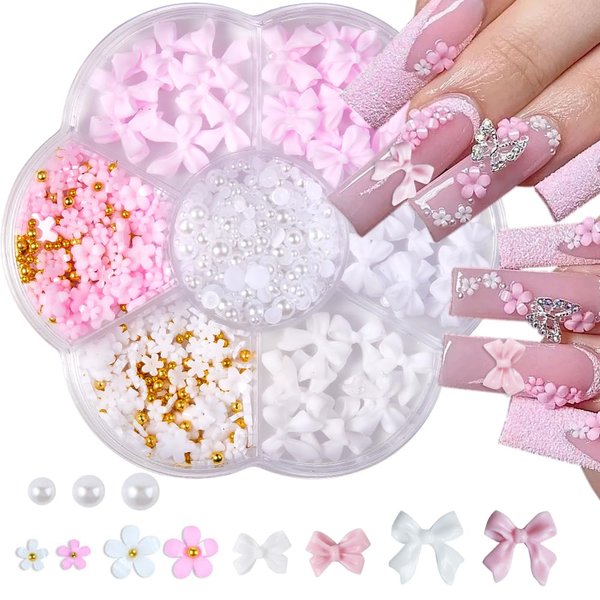Nail Charms, Flower Bow Manicure Kit, Pink White 3D Cute Flower and Bow Nail Charms, 3D Acrylic Flowers Nail Gems with White Half Pearls Nail Art Decoration