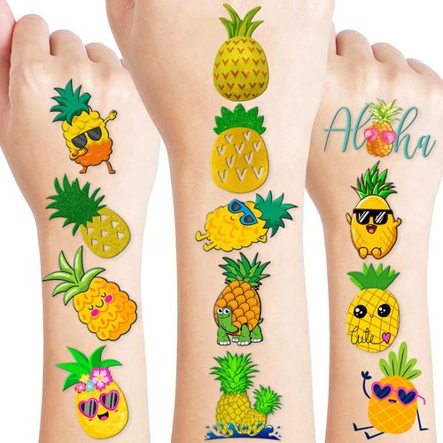 Pineapple Temporary Tattoos (8 Sheets 96PCS) Gold Pineapple Party Decorations Favors Supplies Summer Theme Birthday Cute Stickers Christmas Gifts for Boys Girls Class School Prizes Carnival