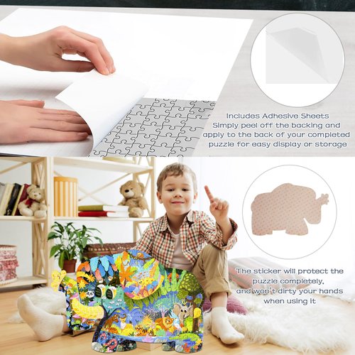 287 Piece Unique Shape Elephant Floor Puzzles for Kids Ages 6-8, Tropical Rainforest Animal Illustration Puzzles for Kids Ages 8-10 with Puzzle Sticker Sheets, Puzzles for Kids Ages 6-8