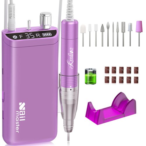 Kredioo Nail Drill, Nail Drills for Professional Acrylic Nails 35000RPM Rechargeable Portable Electric File Drill Machine with 10 Bits Set Quickly Remove Gel Polish Salon Quality Manicure-Purple