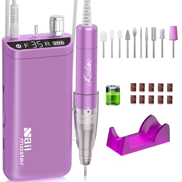 Kredioo Nail Drill, Nail Drills for Professional Acrylic Nails 35000RPM Rechargeable Portable Electric File Drill Machine with 10 Bits Set Quickly Remove Gel Polish Salon Quality Manicure-Purple