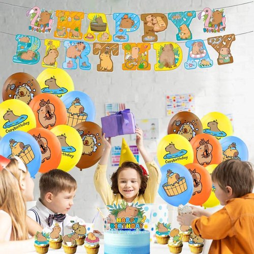 Capybara Birthday Party Supplies Includes Capybara Happy Birthday Banner, Cake Topper, Cupcake Toppers, Balloons, Cute Capybara Theme Party Decoration for Boys and Girls Birthday Party Decor