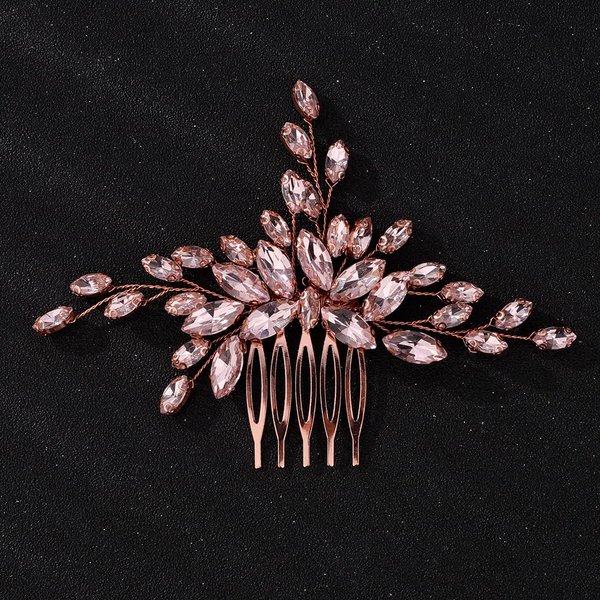 Teyglen Women Dainty Simple Full Rhinestones Red Blue Black Bride Wedding Hair Comb Luxurious Hair Accessories Shiny Rhinestones Bridal Side Hair Combs for Women Bride Girls (Rose gold-pink)