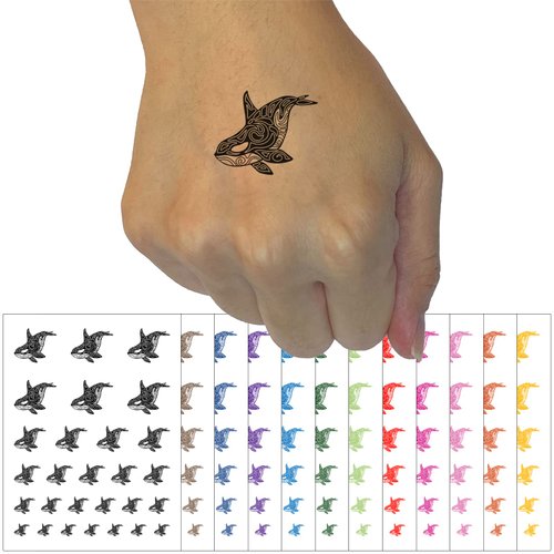 Tribal Orca Killer Whale Temporary Tattoo Water Resistant Fake Body Art Set Collection - White (One Sheet)