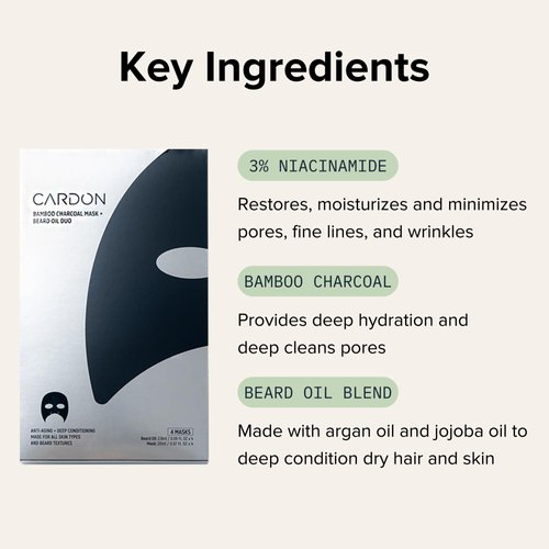 Cardon Face Mask for Bearded Men | Korean Sheet Mask for Men | Bamboo Charcoal Facial Mask and Beard Oil | 4-Pack
