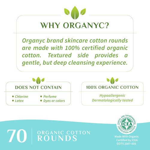 Organyc 100% Certified Organic Cotton Makeup Pads – Natural Unbleached Makeup Remover Rounds (70 Count)
