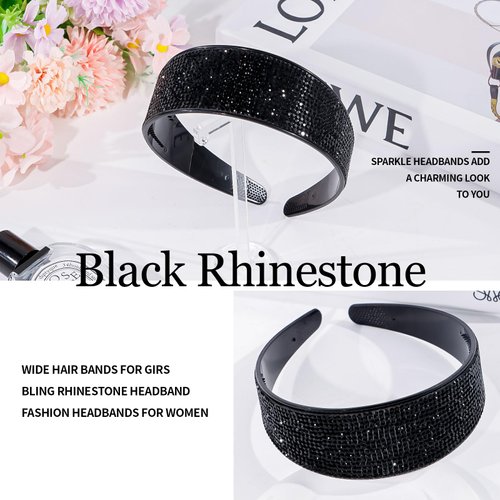 Amariver Black Rhinestone Headbands Sparkly Glitter Hair Band for Women Fashion Crystal Thick Headband Diamonds Wide Beaded Head band Bling Jeweled Hair Hoops Stylish Hair Accessories for Women Girls