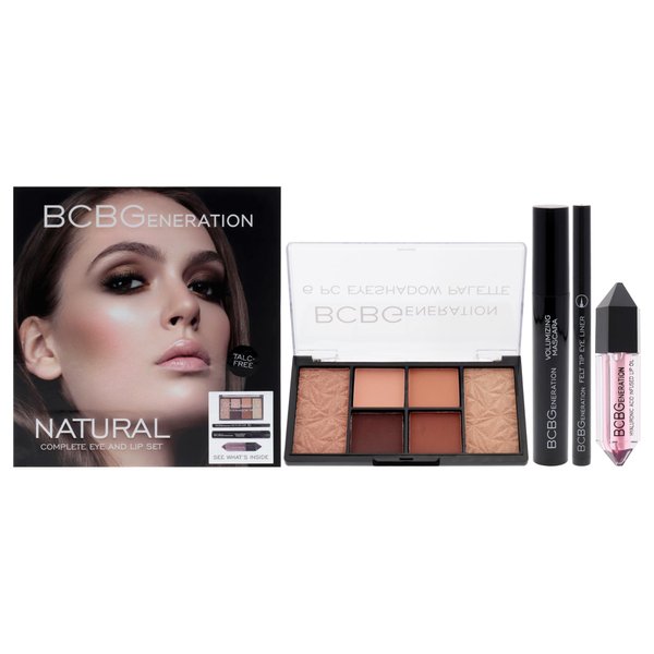 Natural Complete Eye and Lip Set - Includes Eyeshadow Palette, Eye Liner, Mascara, Lip Oil - 4 pcs