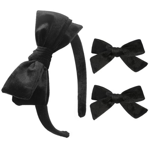 DEEKA Black Velvet Bow Headband & 2 Pcs Velvet Hair Bows Set Velvet Uniform Hair Accessories Hair Band for Little Toddler School Girls -Black