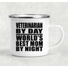 Designsify Gifts, Veterinarian By Day World's Best Mom By Night, 12oz Camping Mug Stainless Steel Enamel Tea-Cup with Handle, for Birthday Anniversary Mom Dad Parents Fathers Mothers Day Party