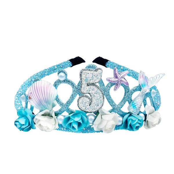 Vovii 5th Birthday Tiara for Girls Mermaid Dazzling Pearls Headband for Little Girls Blue Mermaid Princess Tiara Seashell Supplies for Birthday Party Decorations