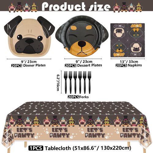 Dog Party Decorations, Dog Shape Plates, 81Pcs Doggy Party Supplies for Dog Kid Birthday, Includes Dog Plates, Let's Pawty Tablecloth, Napkins, Forks, Serves 20 Guests