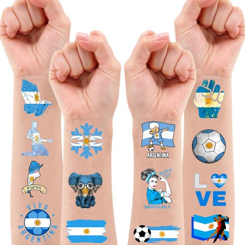 100 PCS Argentina Soccer Flag Temporary Tattoos Themed Birthday Party Decorations Supplies Decor Favors Football Blue Argentinian Tattoo Stickers Gifts For Game Boys Girls Class School Prizes Carnival