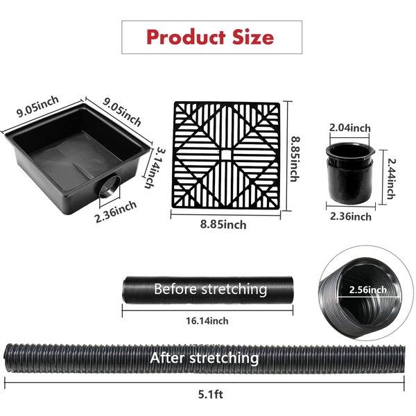 ZNNCO Upgraded Gutter Downspout Extensions Flexible, No Dig Catch Basin Downspout Extension with Leak-Proof Splash Block Kit,Extendable from 1.34’ to 5.1’