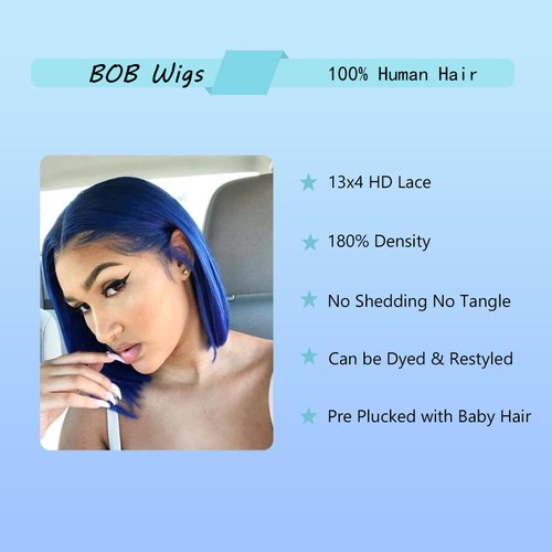 Savasana Blue Human Hair Bob Wig 13x4 Lace Front Glueless Wigs 180% Density 10 Inches Straight Bob Wigs