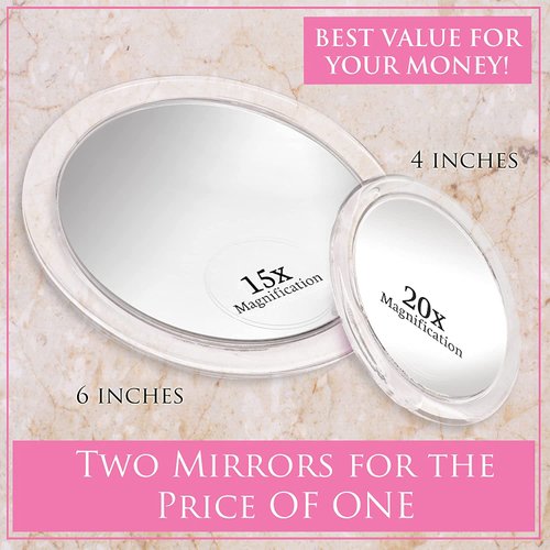MIRRORVANA 20X & 15X Magnifying Mirror Set Combo with 3 Suction Cups Each - Compact & Travel Ready - 6-Inch and 4-Inch Wide
