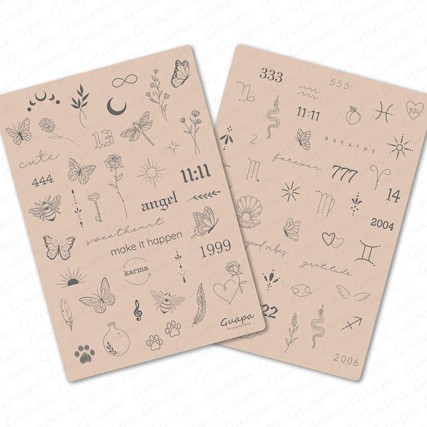 Guapa 3pcs Tiny Tattoo Practice Skin over 80 Unique Stencil Designs Realistic Replication Tattoo Stencil Designs for Real Tattoos (Pink Sheet)