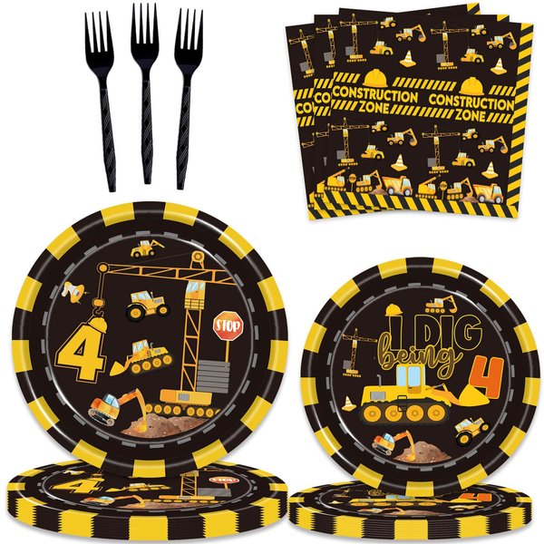 80 Pcs Construction 4th Birthday Party Supplies Dump Truck Theme Four Decorations Tableware Includes Plates, Napkins, Forks for Boys Construction Four Years Old Birthday Party Decorations Favors