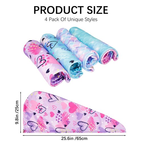 RETON 4 Pack Microfiber Hair Drying Towel, Hair Towel Wrap for Kids Girls Women, Super Absorbent Hair Turbans for Wet Hair, Fast Drying Hair Wrap with Buttons for Curly Long Thick Hair