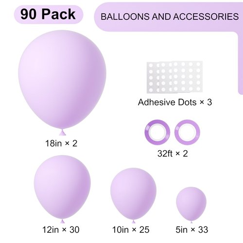 Voircoloria 90pack Pastel Purple Balloons Different Size 18/12/10/5 Inch Pastel Purple Balloon Garland Arch Kit for Graduation, Wedding, Birthday, Baby Shower, Anniversary, New Year Party Decorations