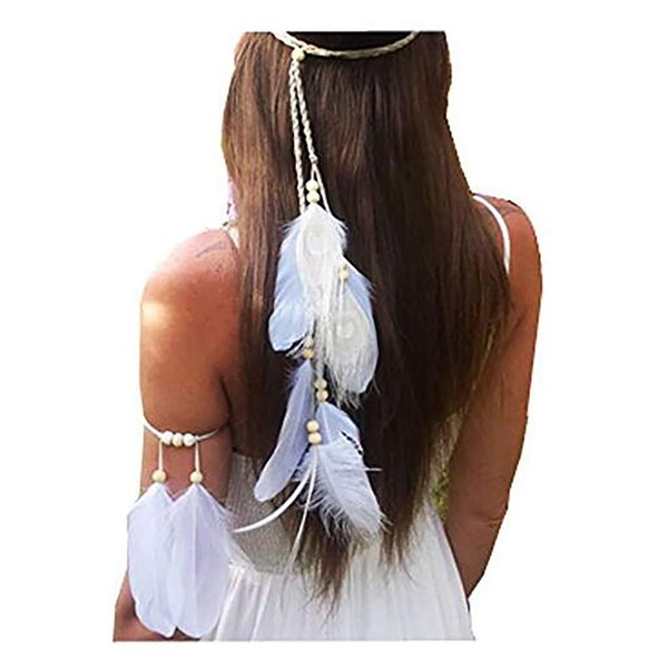 Set of 2 Women Lady Bohemian White Peacock Feather Headband Headdress and Armband Hippie Headpiece Headwear Handmade Tribal Indian Fascinator Feather Hairband Wedding Accessories