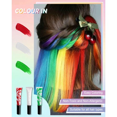Temporary Hair Color Kit-3Pcs Red Green White Washable Hair Chalk Dye Color,Colored Hair Chalk for Women Men Girl,Hair Makeup Gift Set for Thanksgiving Halloween Christmas Cosplay DIY Party-01+03+04