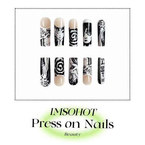 IMSOHOT Long Press on Nails Square French Fake Nails Glue on Nails Y2K Black Cartoon Graffiti False Nails Glossy Ballerina Full Cover Acrylic Nails 24pcs