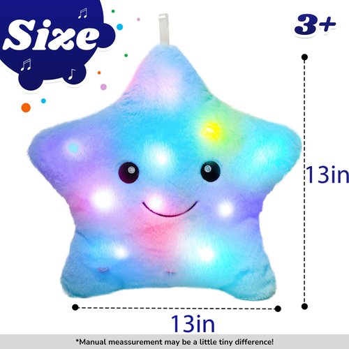Cuteoy 13“ Musical Blue Star Plush Pillow Glowing Twinkle Night Light Stuffed Animal LED Toys Adjustable Volume Birthday for Girls Boys