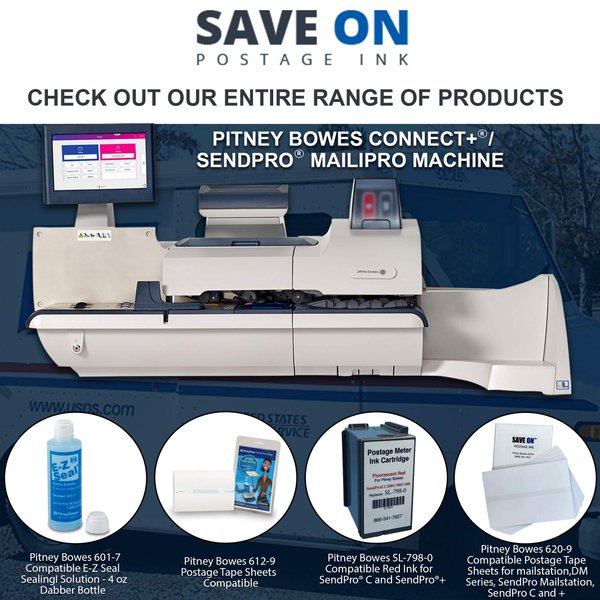 Save On Postage Ink Compatible PB 612-9 Postage Tape Sheets for use in DM100i, DM200L, DM225, PersonalPost E700, E707, Mailstation K700, K2M0 Machines. 2 Tapes/Sheet 25 Sheets/Pack