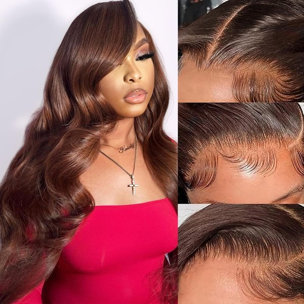 Yumkot 26Inch Chocolate Brown 13x6 Body Wave Lace Front Wigs Human Hair Pre Plucked 180% Density HD Full Lace Frontal Wigs with Baby Hair Colored Wigs for Women