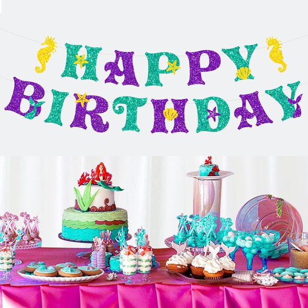 Glitter Mermaid Birthday Banner, Little Mermaid Birthday Decorations, Mermaid Banner, Little Mermaid Party Decoration for Girls Birthday Party SuppliesBaby Shower etc.