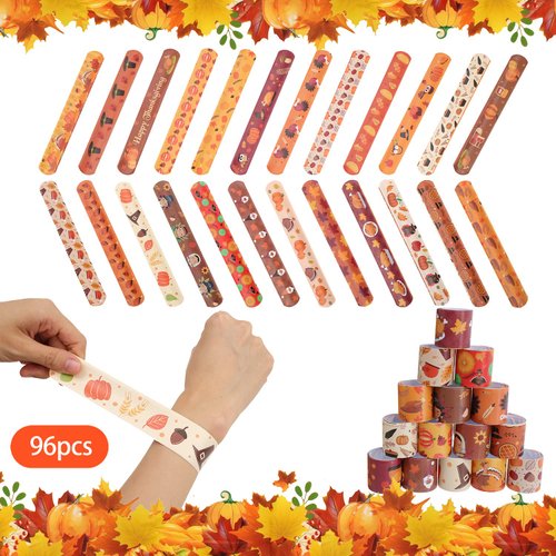 WIQEDOHA 96PCS Thanksgiving Maple leaf Themed Slap Bracelets for Thanksgiving Party Favors, Fall party Favors,Birthday Party Favors,Classroom Prizes ,24 Designs