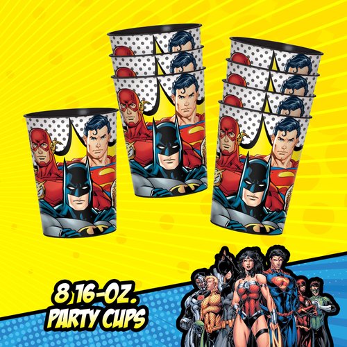 Amscan 8 Count Justice League Plastic Cups 16 oz - Sturdy Reusable Birthday Party Favor Kid Cup - Parties, Favors, Prizes - Classic Batman, Superman, and Flash Decorations Supplies Set