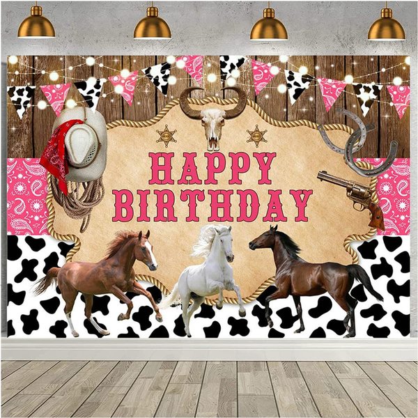 Western Cowboy Birthday Backdrop Western Cowboy Rodeo Background Cow Print Cowboy Wild West Birthday Boys Baby Shower Party Supplies Happy Birthday Party Banner Cake Table Banner (7X5FT)