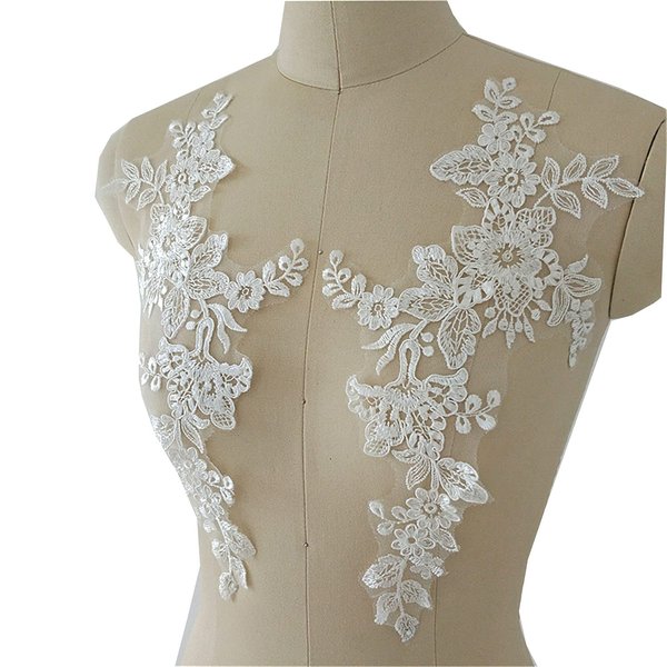 Mirror Pair Corded Lace Applique Embroidery Flower Leaf Ivory Lace Motif Wedding Dress DIY Accessories Lace Decoration