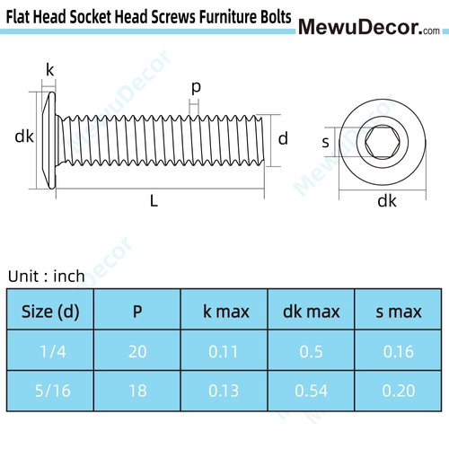 1/4-20 x 3/4" Flat Head Socket Head Screw Furniture Bolts Countersunk Connector Screws, Stainless Steel 18-8 (304), Black Oxide, Fully Threaded, 25 PCS