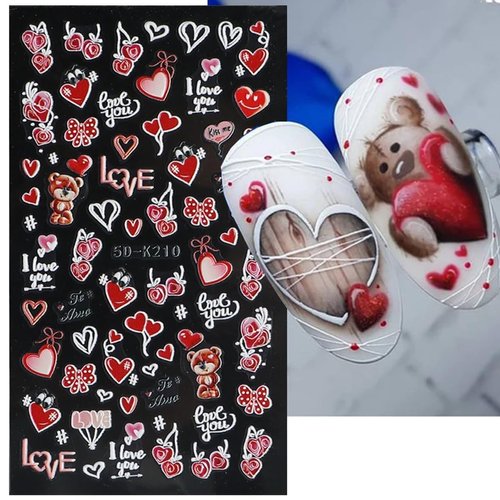 Valentine's Day Nail Art Stickers Decals Cute Bear Heart 5D Embossed Nail Decals Red Heart Lover Cartoon Valentine Nail Art Design Supplies Manicure Decals Relief Sliders for DIY Nail Art Decoration