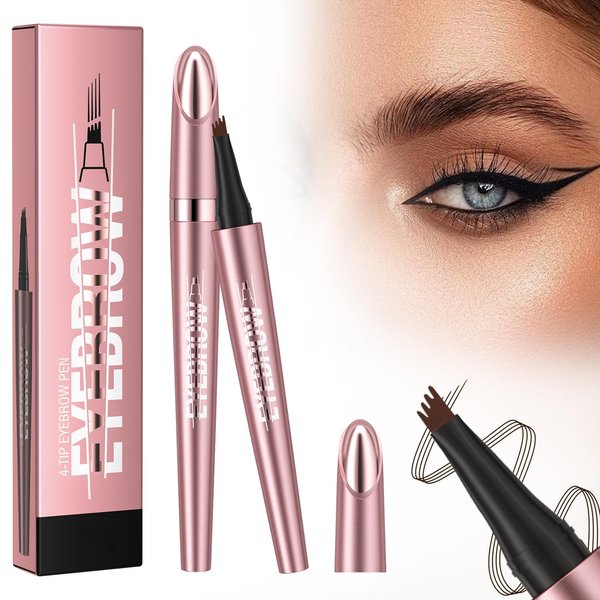 2Pcs Eyebrow Tattoo Pencil 4 Fork Tip 3D Microblading, 2024 New Waterproof Magic Eyebrow Pencil, Natural Makeup Fine Stroke Magic Eyebrow Pencil with 4 Micro-Fork Tip for Women (Dark Brown)