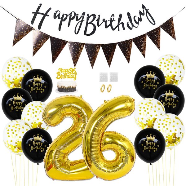 Daimay 26th Birthday Party Decorations Gold Black Happy Birthday Latex Confetti Balloons Triangle Flag Banner Number 26 Foil Balloon Cake Topper for Men Women Anniversary Birthday Party Supplies