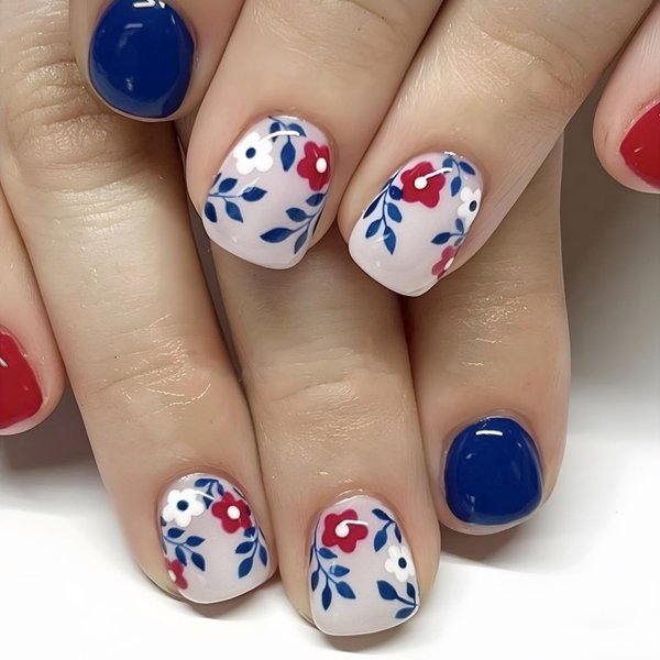 4th of July Independence Day Fake Nails Press on Nails Short Square Fake Nails Red Blue Acrylic Nails with Floral Twig Designs White False Nails Full Cover Nails Glue on Nails for Women & Girls 24Pcs