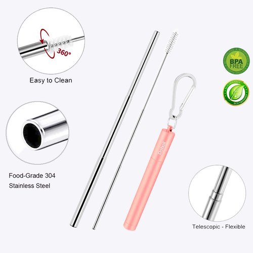 2 Pack Reusable Metal Straws Collapsible Stainless Steel Drinking Straw Travel Portable Telescopic Straw with Case,2 Cleaning Brushes Included Black/Rose Gold