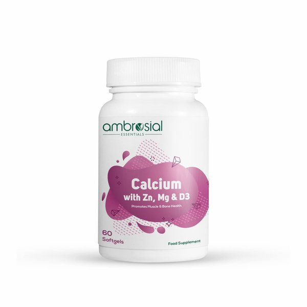 AMBROSIAL Calcium Magnesium Zinc & Vitamin D3 | High Potency Calcium Supplement for Healthy Bones Muscles & Teeth | Highly Bioavailable Calcium Citrate Formula 60 Softgels