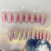 Medium Rainbow Color Press On Nails Square, Coffin Shape Full Cover Reusable False Nails with Glue Stick On Nails with Glossy Designs, Artificial Fingernails Acrylic Fake Nails for Women Glue On Nails