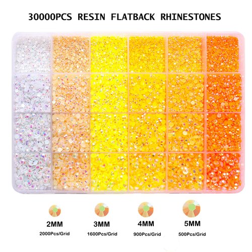 30000PCS Yellow AB Resin Flatback Rhinestones Kit, Jelly Resin Non-Hotfix Rhinestones for Crafts Makeup DIY Decoration Tumblers Nail Art 2mm, 3mm, 4mm, 5mm