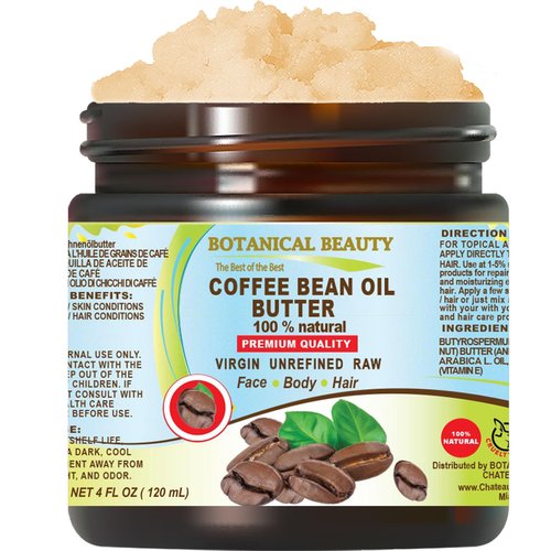 Botanical Beauty COFFEE BEAN OIL BUTTER 100% Natural VIRGIN RAW UNREFINED 4 Fl.oz.- 120 ml. Coffee Bean Essential Oil in Shea Nut Butter for FACE, SKIN, BODY, HAIR, NAILS.
