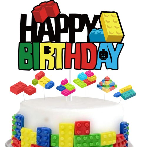 7Pcs Building Blocks Happy Birthday Cake Topper Colorful Glitter Color Building Brick Theme Birthday Party Supplies for Boys Girls Kids