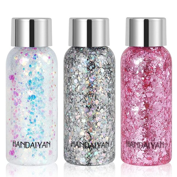 Body Glitter Gel Holographic Glitter Liquid for Festival Make Up 3 Colors Set Long-lasting Easy to Remove (Pink,Silver,Mermaid)