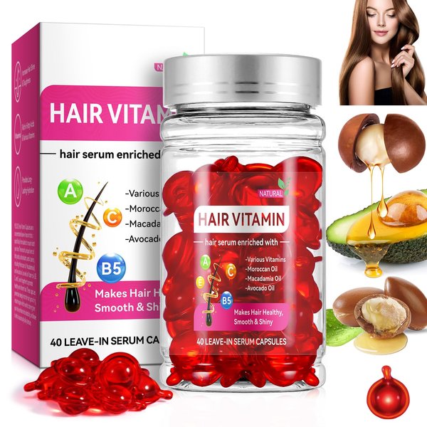 SDJUFEI Hair Treatment Serum, 40 Pcs Hair Vitamin Serum Capsule, Restores Dry Frizzy Hair, Hair Oil Capsules Rich in Vitamin A C E B5, with Moroccan/Macadamia/Avocado Oil for Hair Repair(Box-packed)