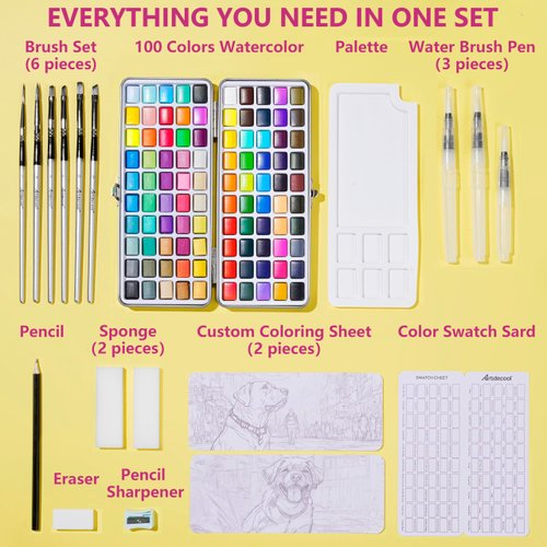 Artdecool 100 Colors Watercolor Paints Set for Adult Beginners and Professionals, Travel-Sized Watercolor Art Kit & Gifts with Brushes and Palette, Drawing Art Supplies for Teens Girls Boys Kids.
