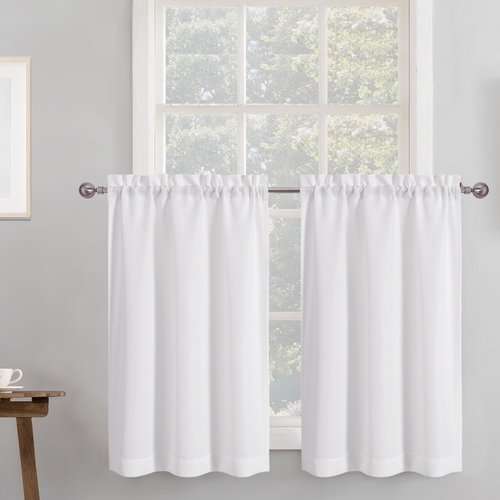 Chyhomenyc 2 Panels White Kitchen Curtains 36 Inch Length Tier Curtains, Faux Linen Textured Small Cafe Curtains, Light Filtering Short Window Curtains for Bathroom Basement, 30x36 inch, 2PCS